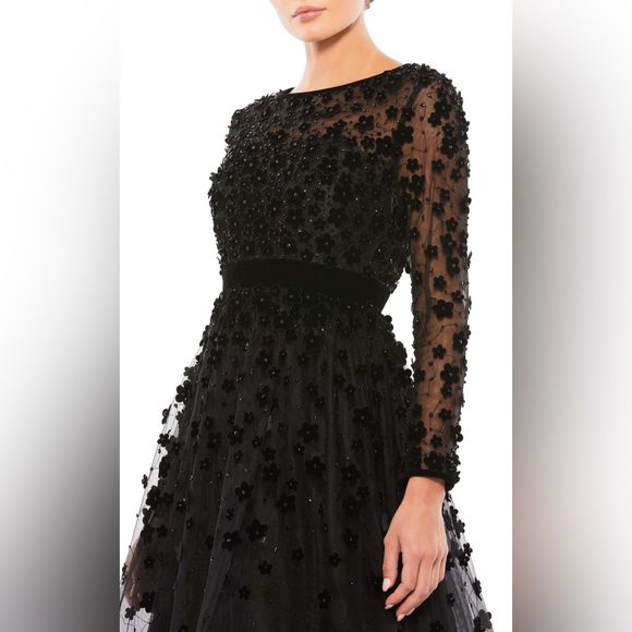 Mac Duggal Embellished Illusion High Neck Long Sleeve Fit & Flare Midi Dress ๐ - Picture 4 of 4